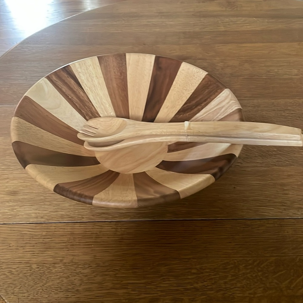 World Market Beechwood Two-toned Blonde and Dark Wood Large Bowl and Servers